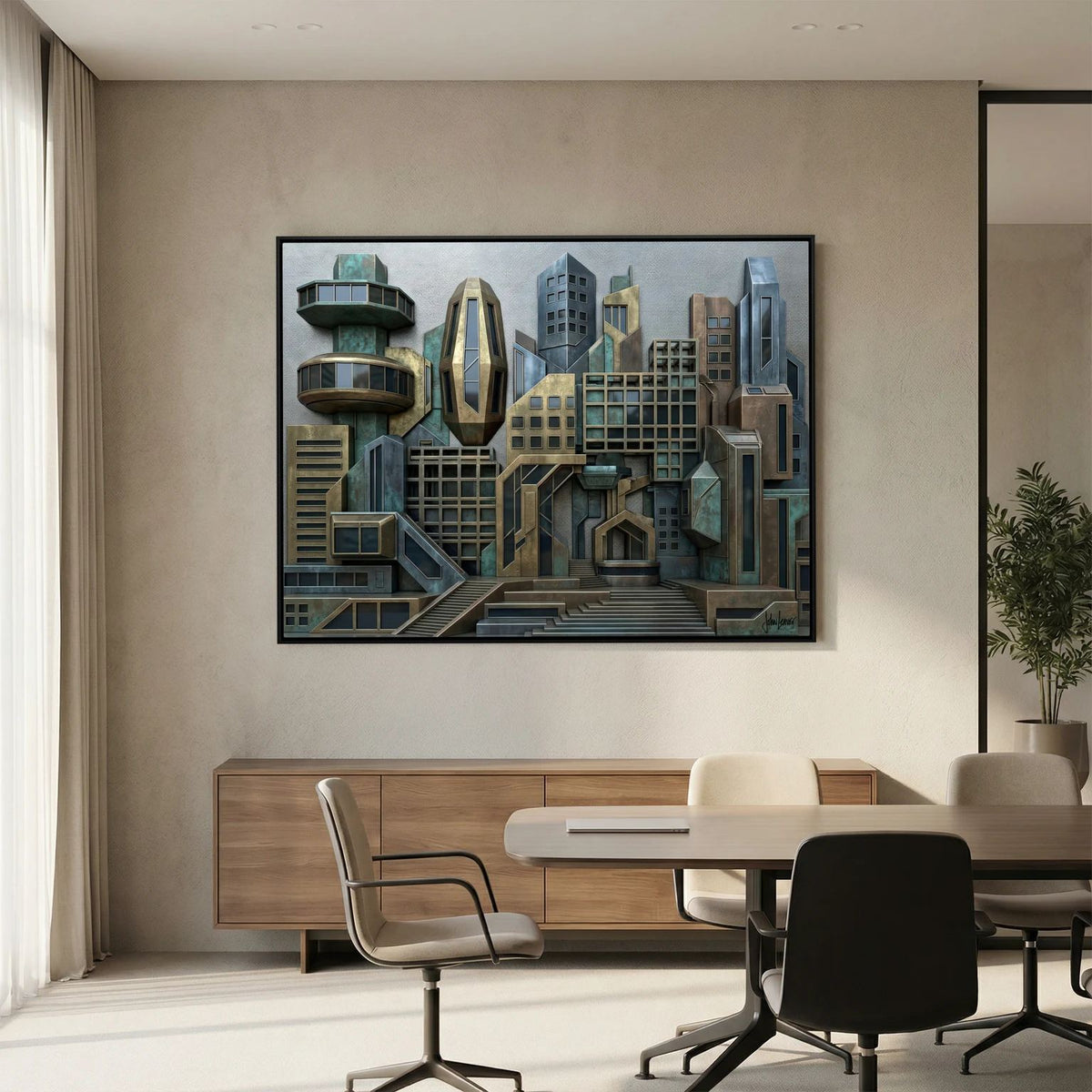 3D Style Futuristic Cityscape – Bronze & Verdigris Skyline, Printed Flat on Canvas