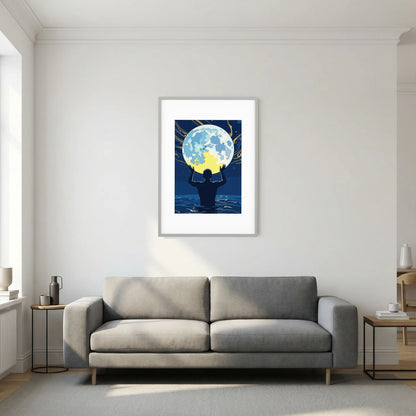 Man Holding the Earth in Water Art Print | Starry Night Silhouette Wall Art