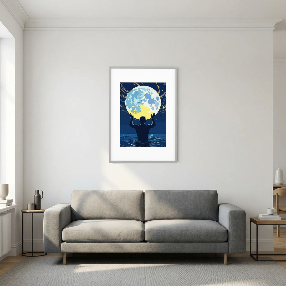 Man Holding the Earth in Water Art Print | Starry Night Silhouette Wall Art