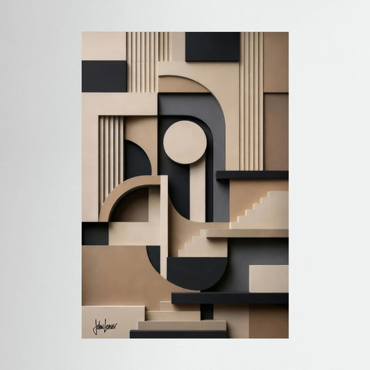 Paper-Cut Style Art Deco Geometric Puzzle – Beige & Charcoal Tones, Printed Flat on Canvas