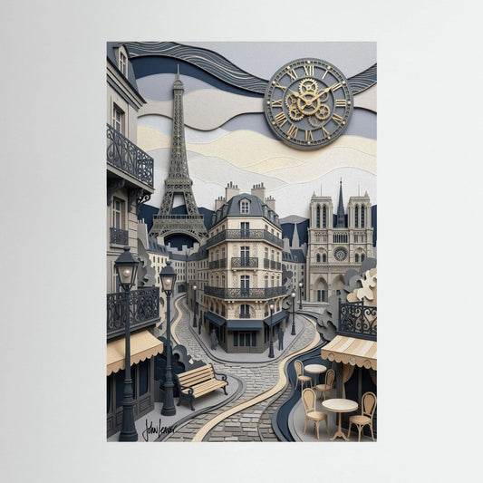 Paper-Cut Style Paris Street Scene – Eiffel Tower & Clockwork Sky, Printed Flat on Canvas
