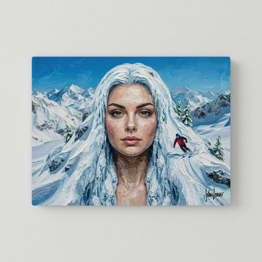"Winter Spirit" – Woman as Snow Mountain Landscape, Surreal Oil Painting Print, Alpine Portrait Canvas Art