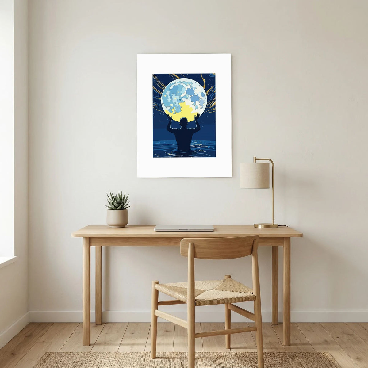 Man Holding the Earth in Water Art Print | Starry Night Silhouette Wall Art