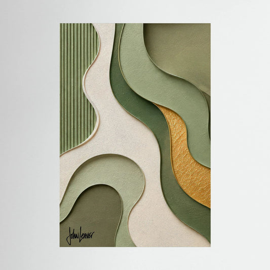Paper-Cut Style Abstract Wave Art – Sage Green & Gold Tones, Printed Flat on Canvas