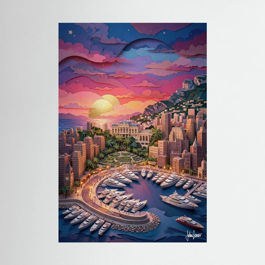 Monte Carlo Sunset — Paper-Cut Style Harbour City Canvas Art