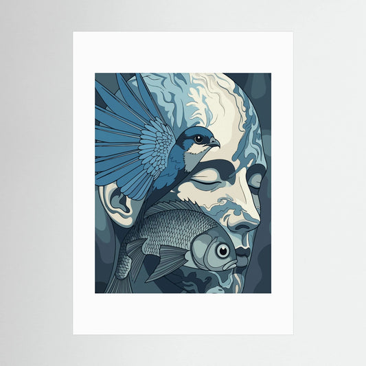 Between Water and Sky — Man's Face with Bird and Fish Art Print | Blue Surreal Wall Art