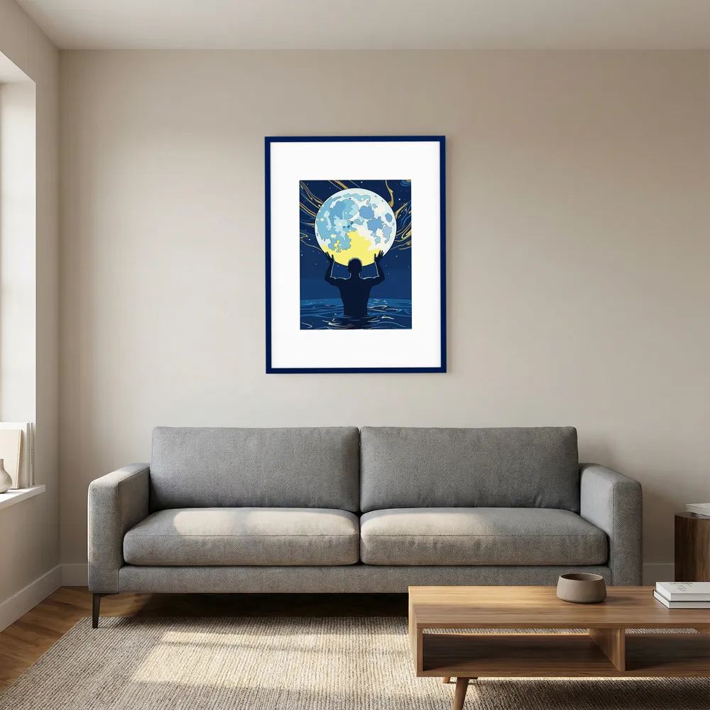Man Holding the Earth in Water Art Print | Starry Night Silhouette Wall Art