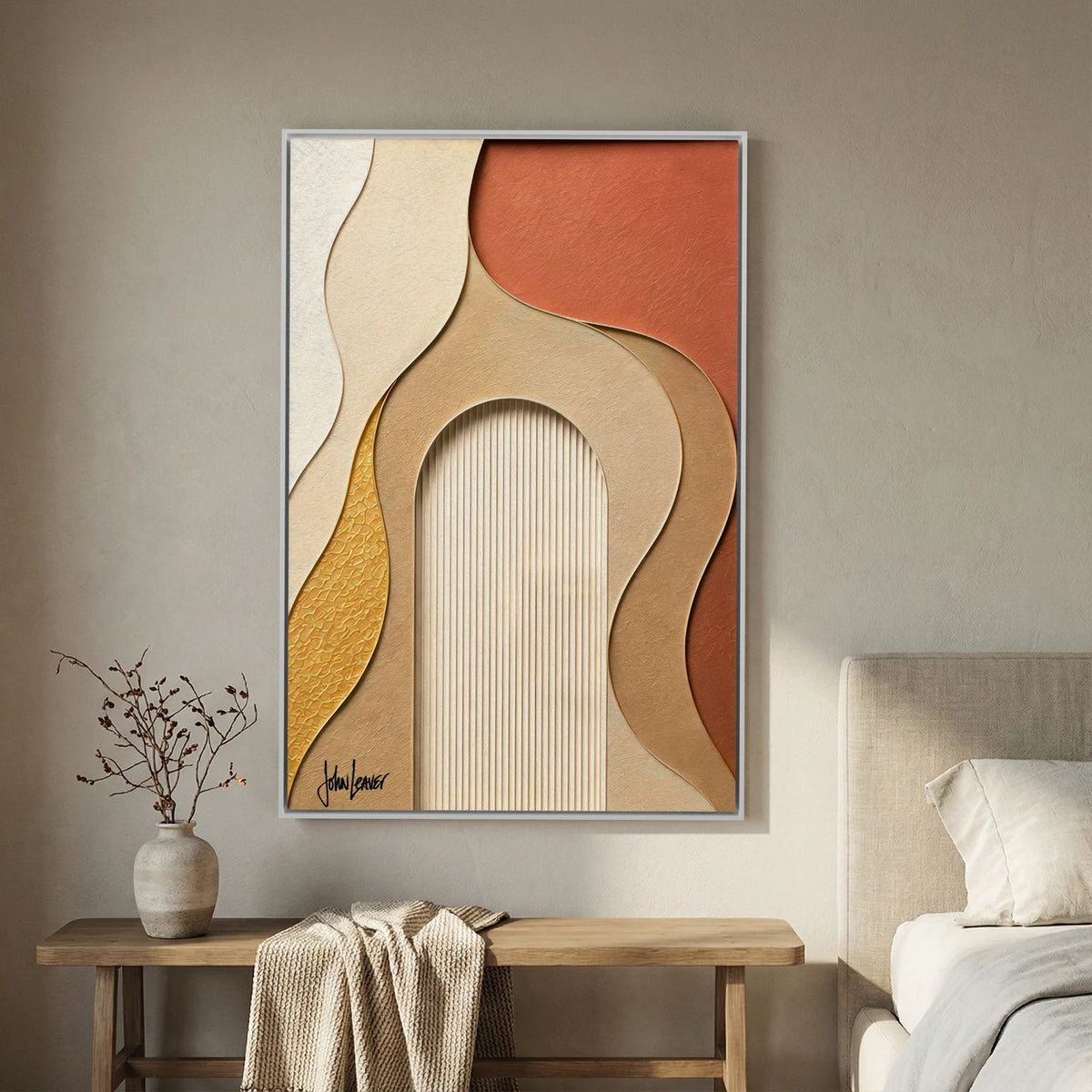 Paper-Cut Style Abstract Wave Art – Terracotta & Amber Tones, Printed Flat on Canvas