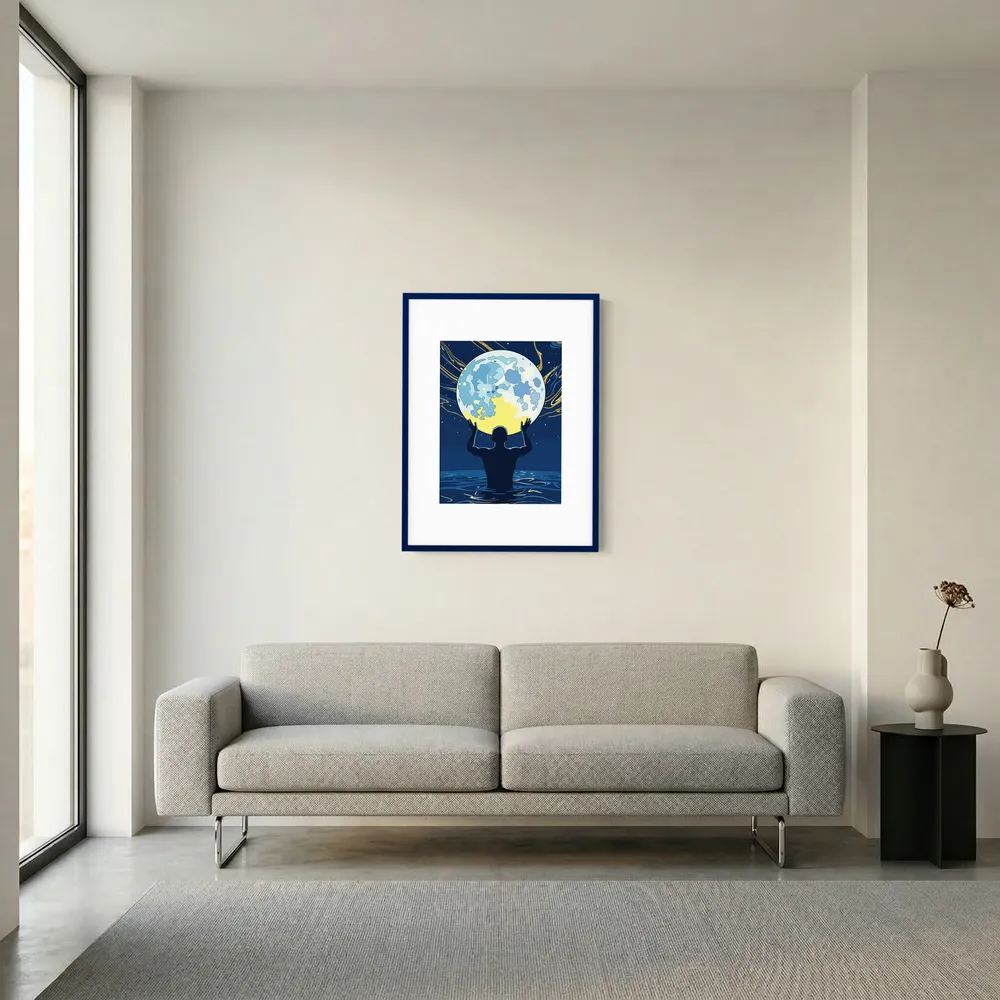 Man Holding the Earth in Water Art Print | Starry Night Silhouette Wall Art