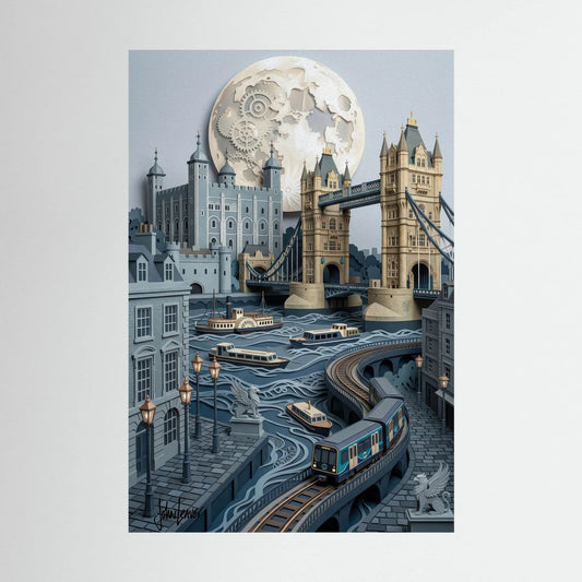 Paper-Cut Style London Skyline – Tower Bridge & Clockwork Moon, Printed Flat on Canvas