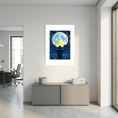 Man Holding the Earth in Water Art Print | Starry Night Silhouette Wall Art
