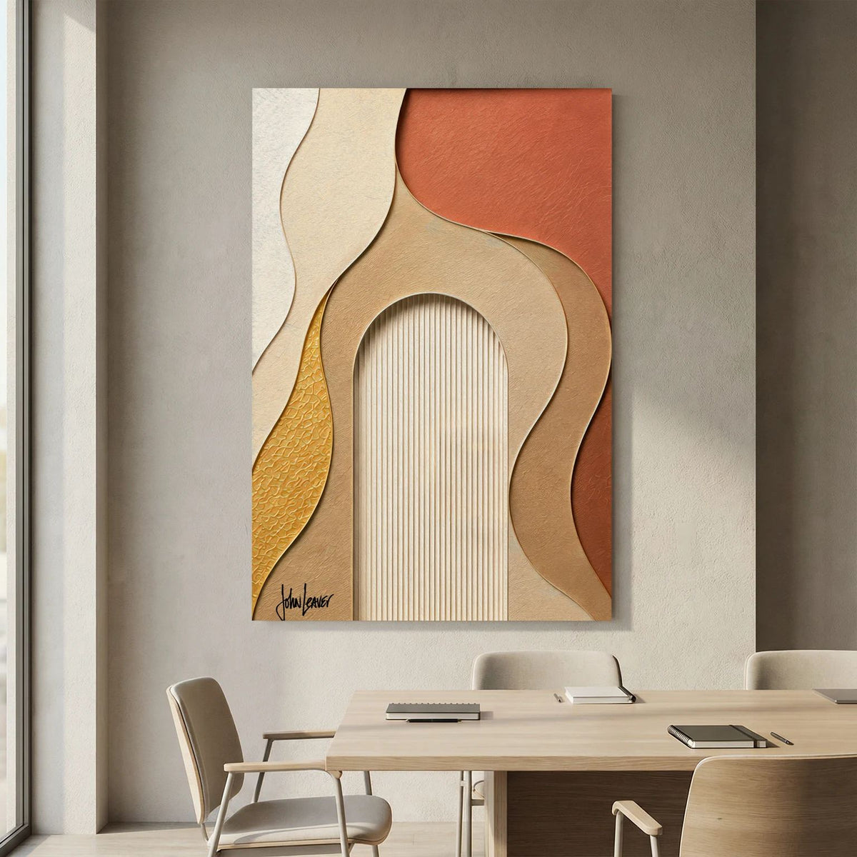 Paper-Cut Style Abstract Wave Art – Terracotta & Amber Tones, Printed Flat on Canvas