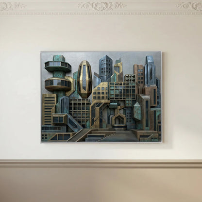 3D Style Futuristic Cityscape – Bronze & Verdigris Skyline, Printed Flat on Canvas