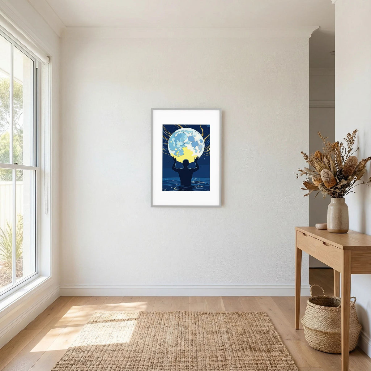 Man Holding the Earth in Water Art Print | Starry Night Silhouette Wall Art