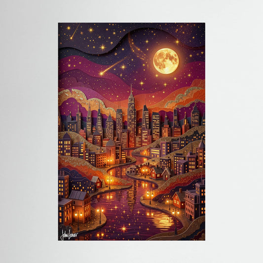 Golden Hour Moonlit City — Paper-Cut Style Night Skyline Print