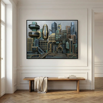 3D Style Futuristic Cityscape – Bronze & Verdigris Skyline, Printed Flat on Canvas