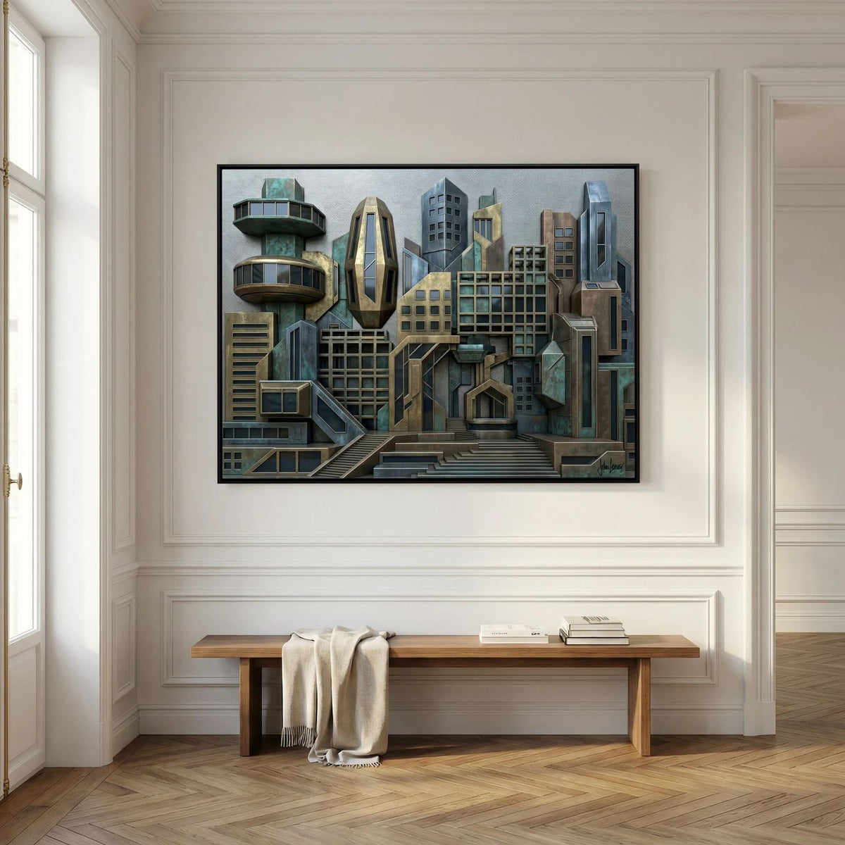 3D Style Futuristic Cityscape – Bronze & Verdigris Skyline, Printed Flat on Canvas