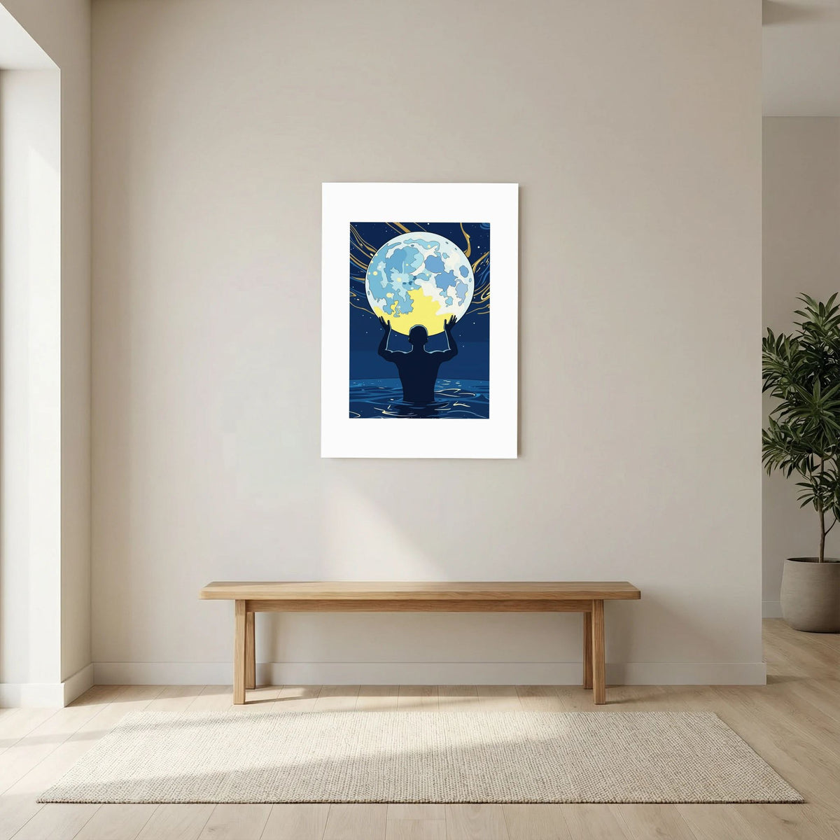 Man Holding the Earth in Water Art Print | Starry Night Silhouette Wall Art