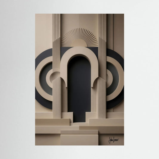 Paper-Cut Style Art Deco Archway – Beige & Charcoal Tones, Printed Flat on Canvas