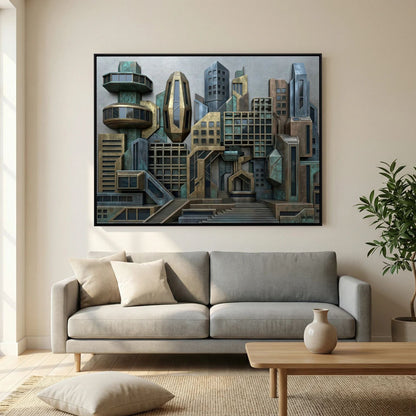 3D Style Futuristic Cityscape – Bronze & Verdigris Skyline, Printed Flat on Canvas
