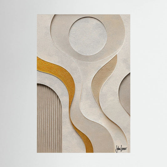 Paper-Cut Style Abstract Wave Art – Ivory & Amber Gold Tones, Printed Flat on Canvas