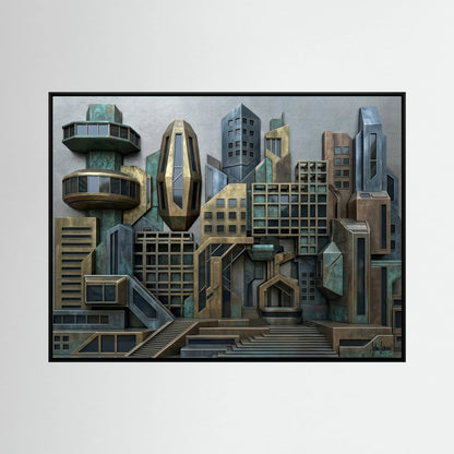 3D Style Futuristic Cityscape – Bronze & Verdigris Skyline, Printed Flat on Canvas