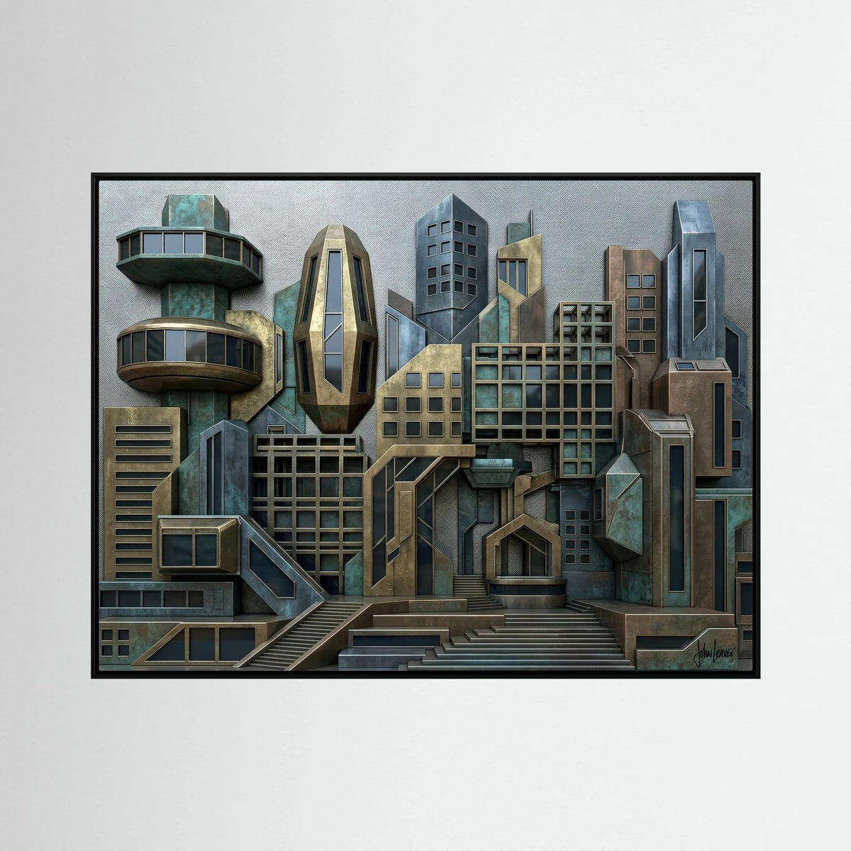 3D Style Futuristic Cityscape – Bronze & Verdigris Skyline, Printed Flat on Canvas