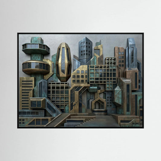 3D Style Futuristic Cityscape – Bronze & Verdigris Skyline, Printed Flat on Canvas