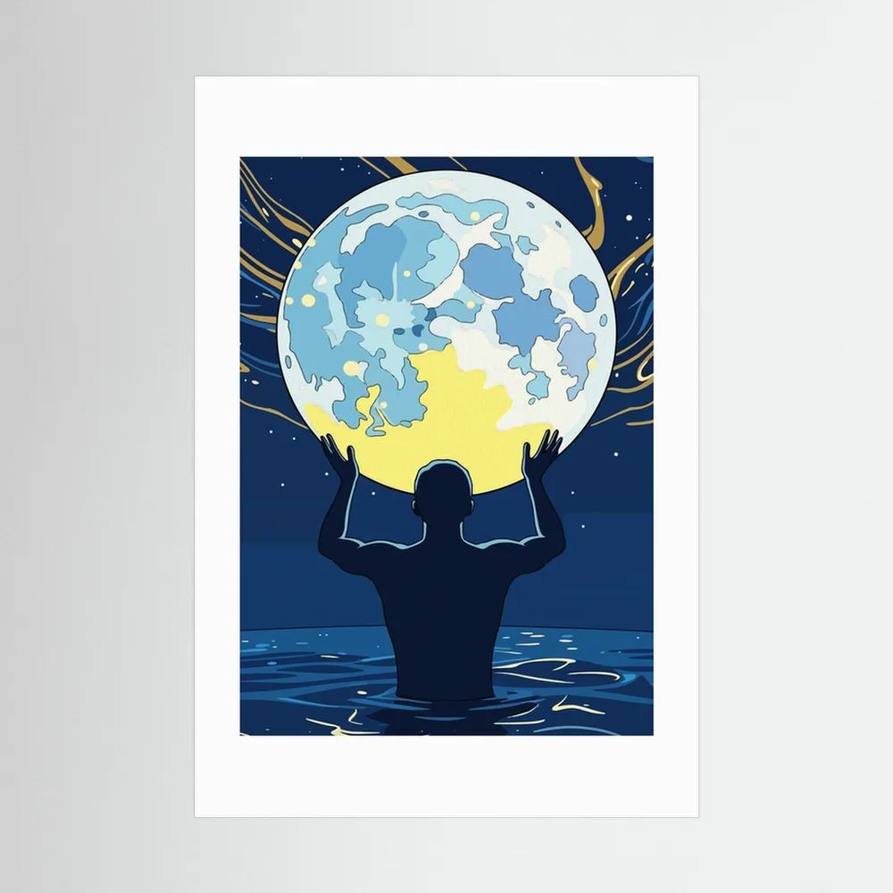 Man Holding the Earth in Water Art Print | Starry Night Silhouette Wall Art