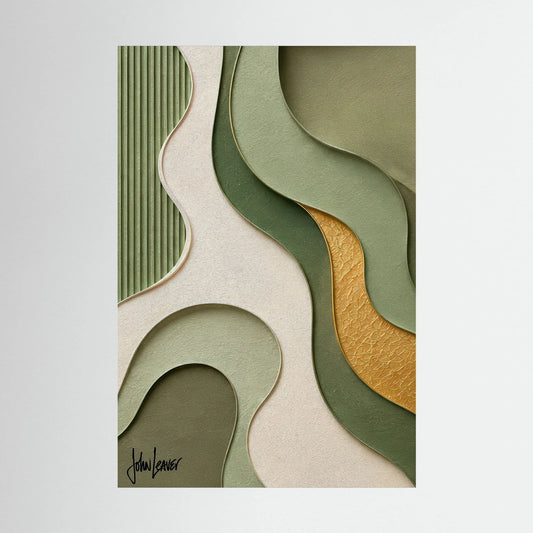 Paper-Cut Style Abstract Wave Art – Sage Green & Gold Tones, Printed Flat on Canvas