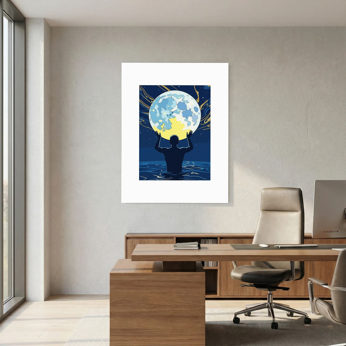 Man Holding the Earth in Water Art Print | Starry Night Silhouette Wall Art