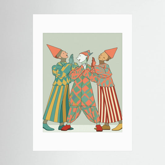 Harlequin Pierrot Trio High-Five Art Print | Commedia dell'Arte Wall Art