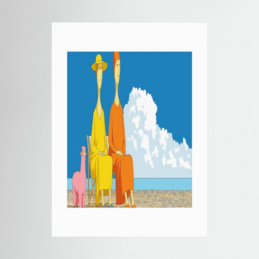 Elongated Beach Couple with Pink Alpaca Art Print | Whimsical Folk Art Wall Decor