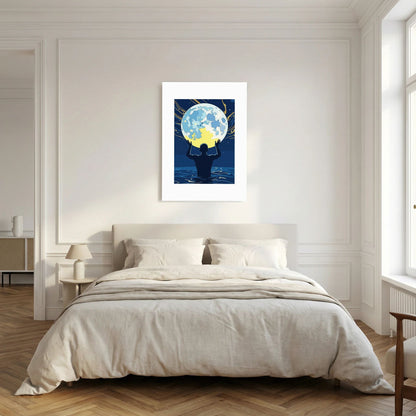 Man Holding the Earth in Water Art Print | Starry Night Silhouette Wall Art
