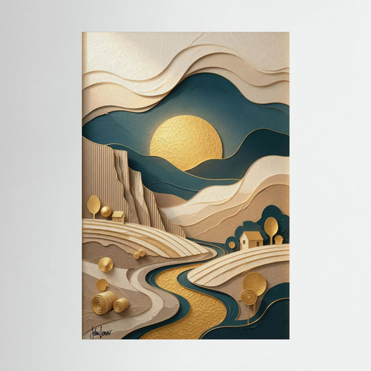 Paper-Cut Style Golden Sunset Valley – Winding River & Cottage, Printed Flat on Canvas