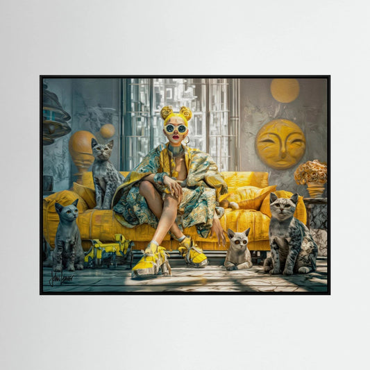 Nine Lives — Glamour Portrait with Cats Canvas Print