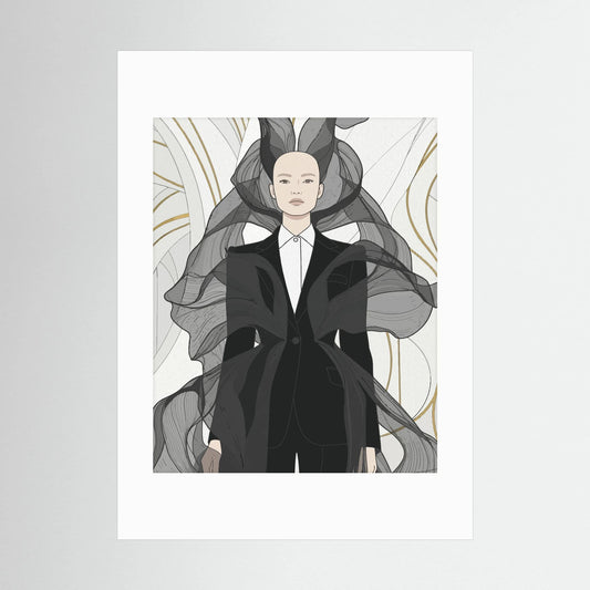 Avant-garde fashion figure in black suit with flowing grey fabric