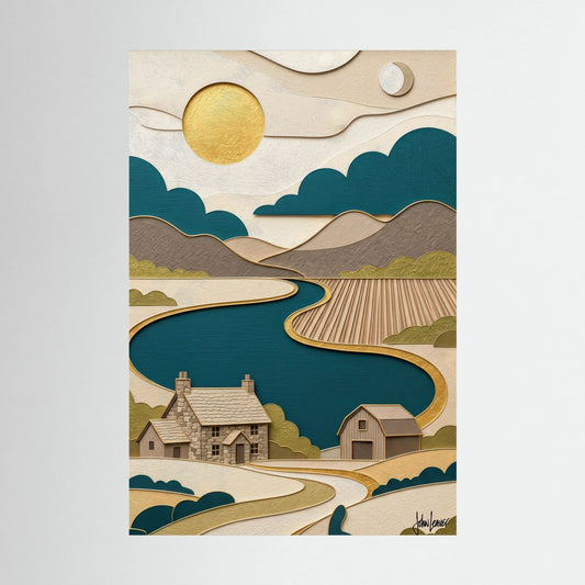 Paper-Cut Style Countryside River Scene – Golden Sun & Farmhouse, Printed Flat on Canva