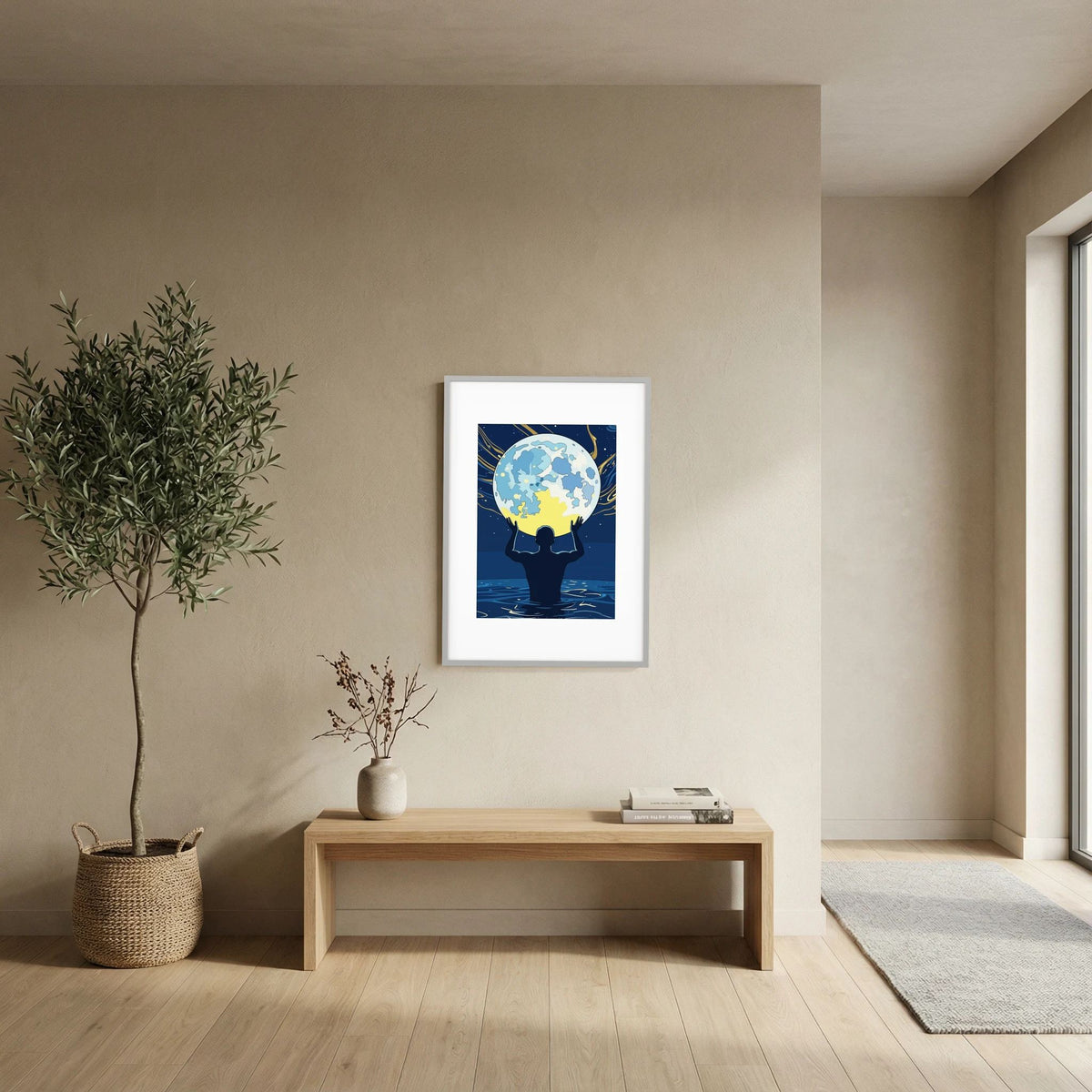 Man Holding the Earth in Water Art Print | Starry Night Silhouette Wall Art