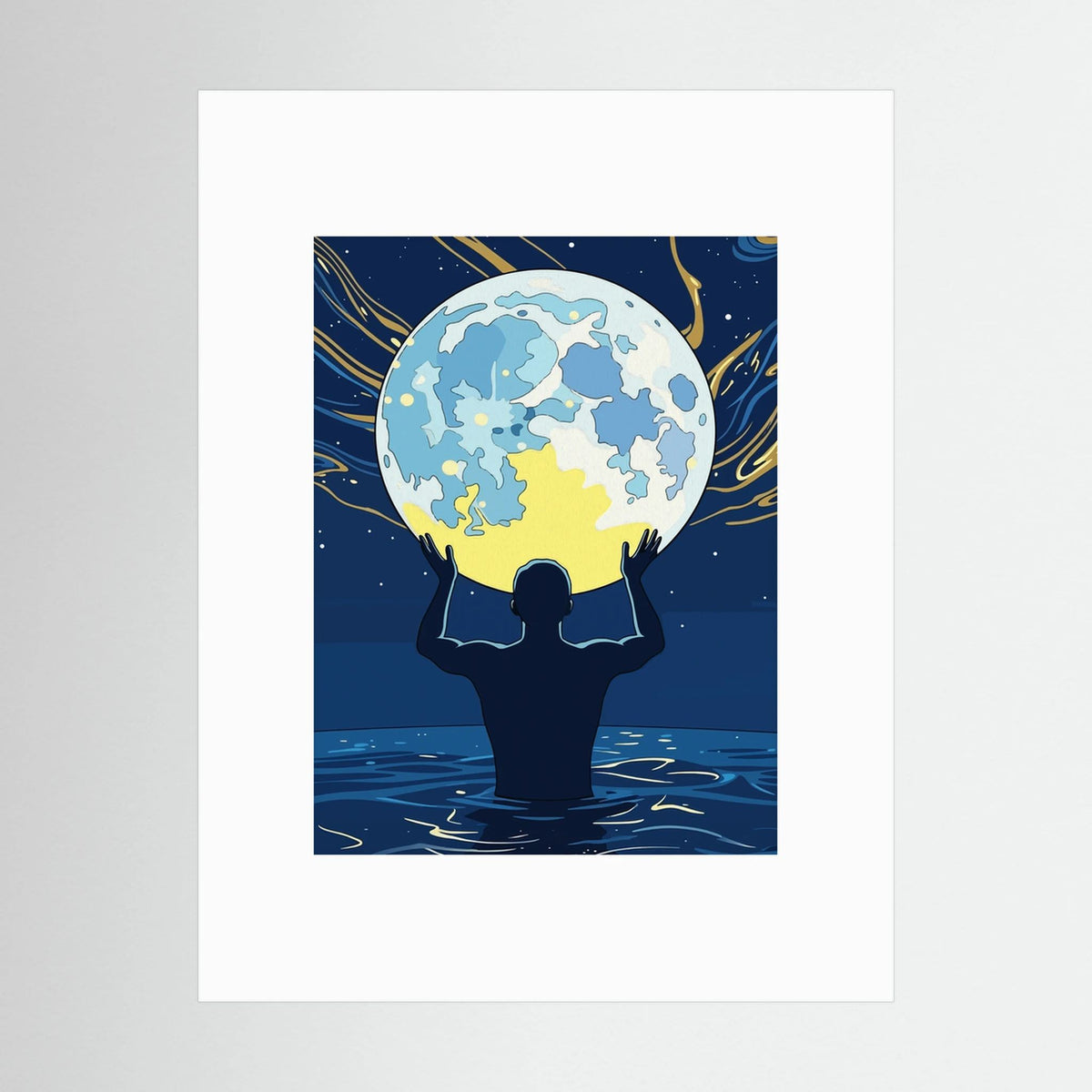 Man Holding the Earth in Water Art Print | Starry Night Silhouette Wall Art