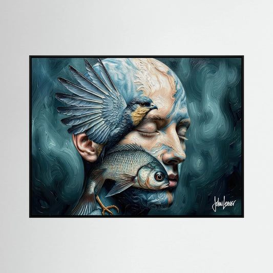 Between Water and Sky — Bird and Fish Portrait Canvas Print