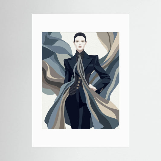 Avant-Garde Fashion Illustration | Navy Suit with Flowing Scarf Wall Art