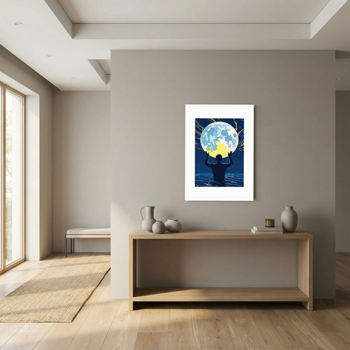 Man Holding the Earth in Water Art Print | Starry Night Silhouette Wall Art