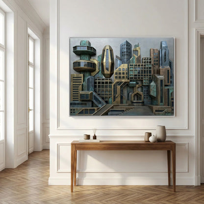 3D Style Futuristic Cityscape – Bronze & Verdigris Skyline, Printed Flat on Canvas