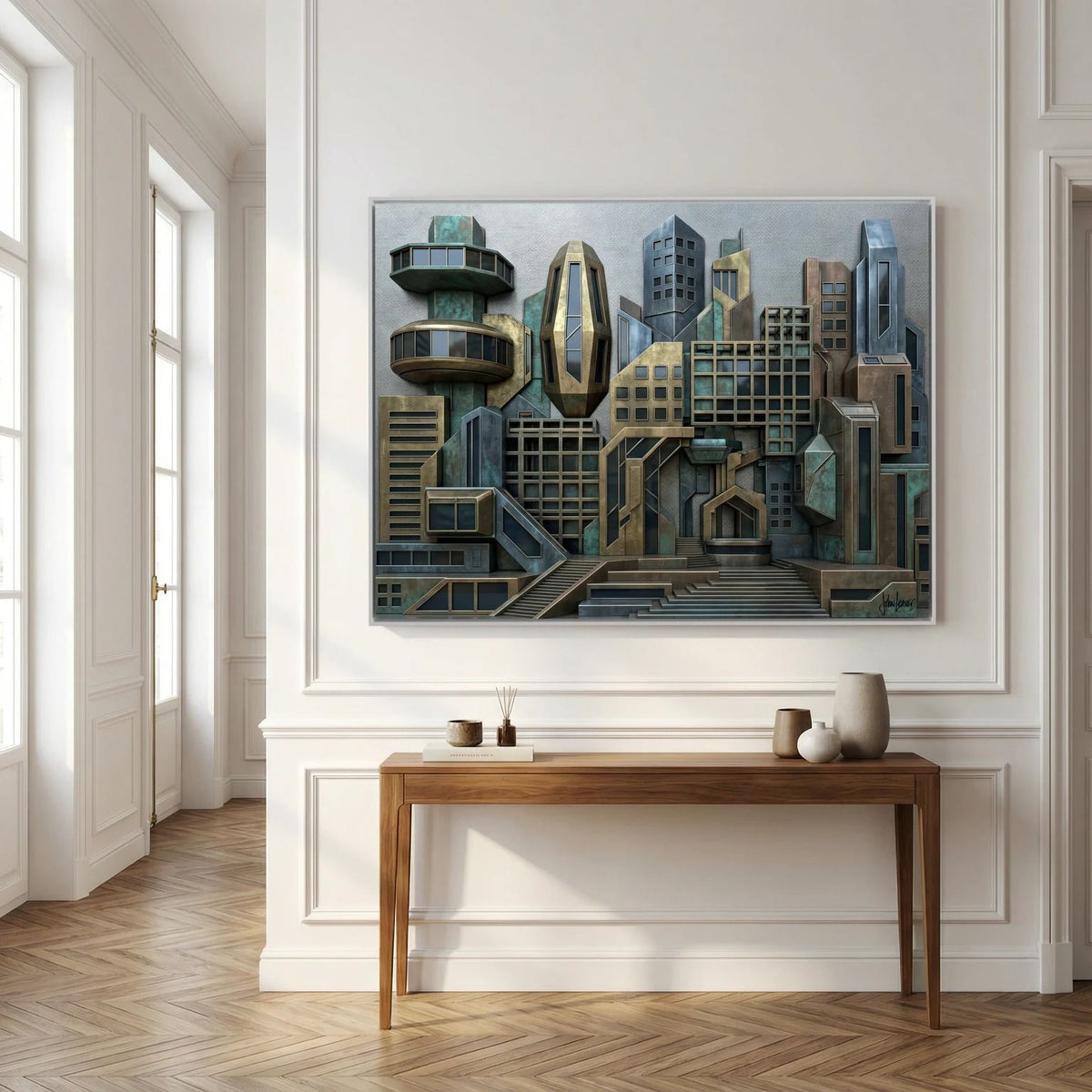 3D Style Futuristic Cityscape – Bronze & Verdigris Skyline, Printed Flat on Canvas