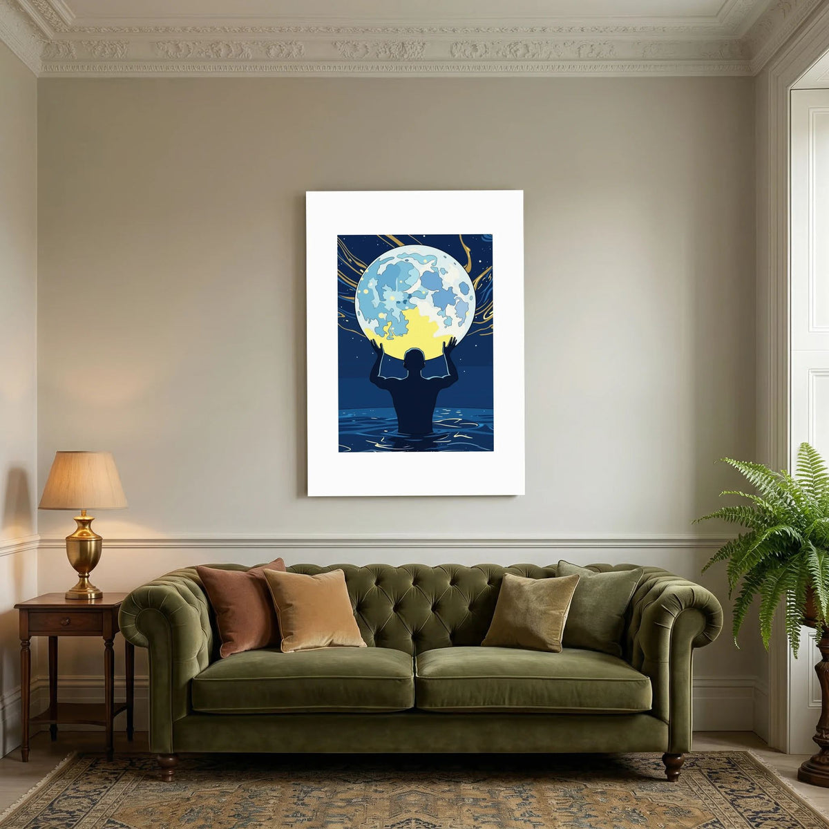 Man Holding the Earth in Water Art Print | Starry Night Silhouette Wall Art