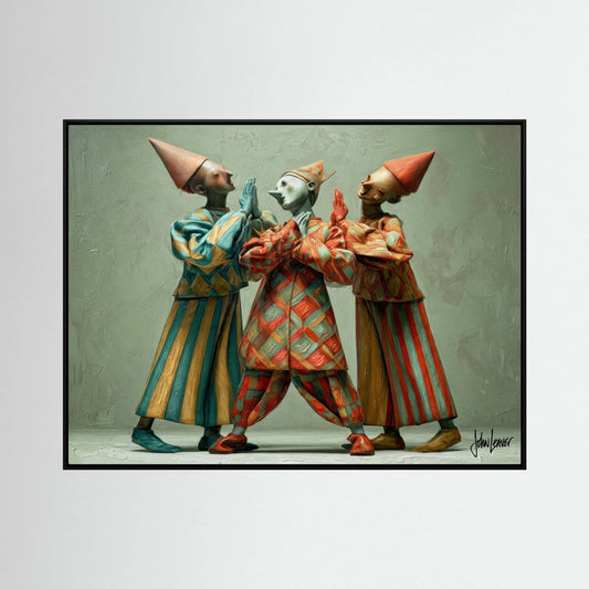 Harlequin Trio — Whimsical Jester Figures Canvas Print