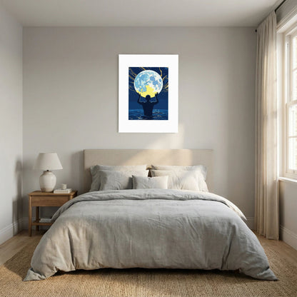 Man Holding the Earth in Water Art Print | Starry Night Silhouette Wall Art