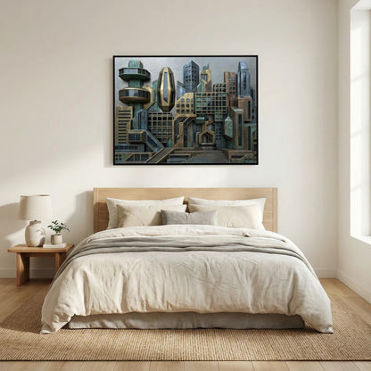 3D Style Futuristic Cityscape – Bronze & Verdigris Skyline, Printed Flat on Canvas