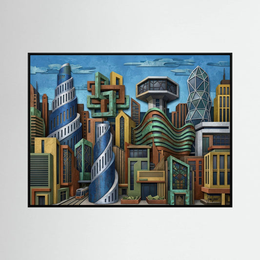 3D Style Fantasy Cityscape – Surreal Skyscraper Skyline, Printed Flat on Canvas